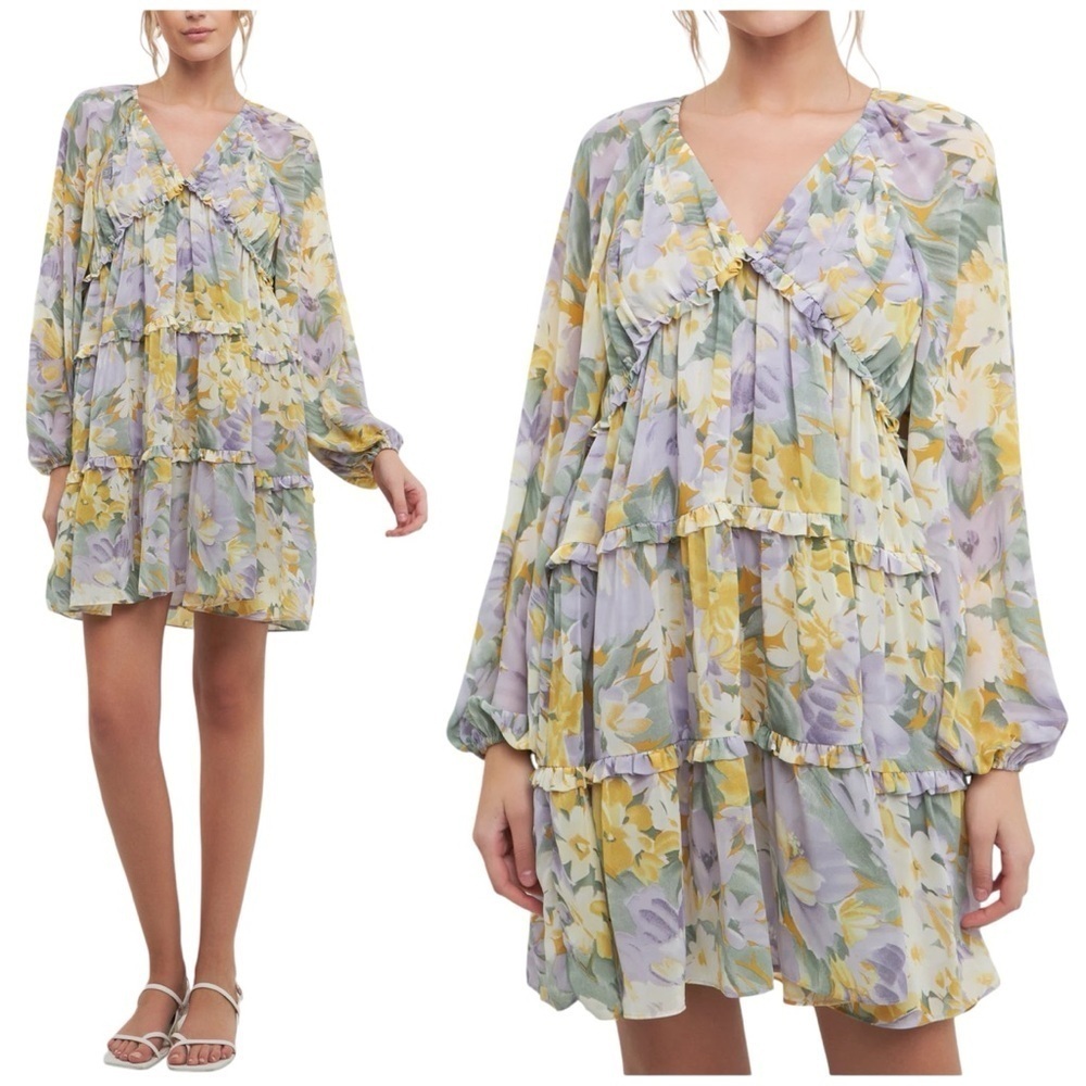 Free The Roses Voluminous Flowy Floral Mini Dress with Long Sheer Puff Sleeves